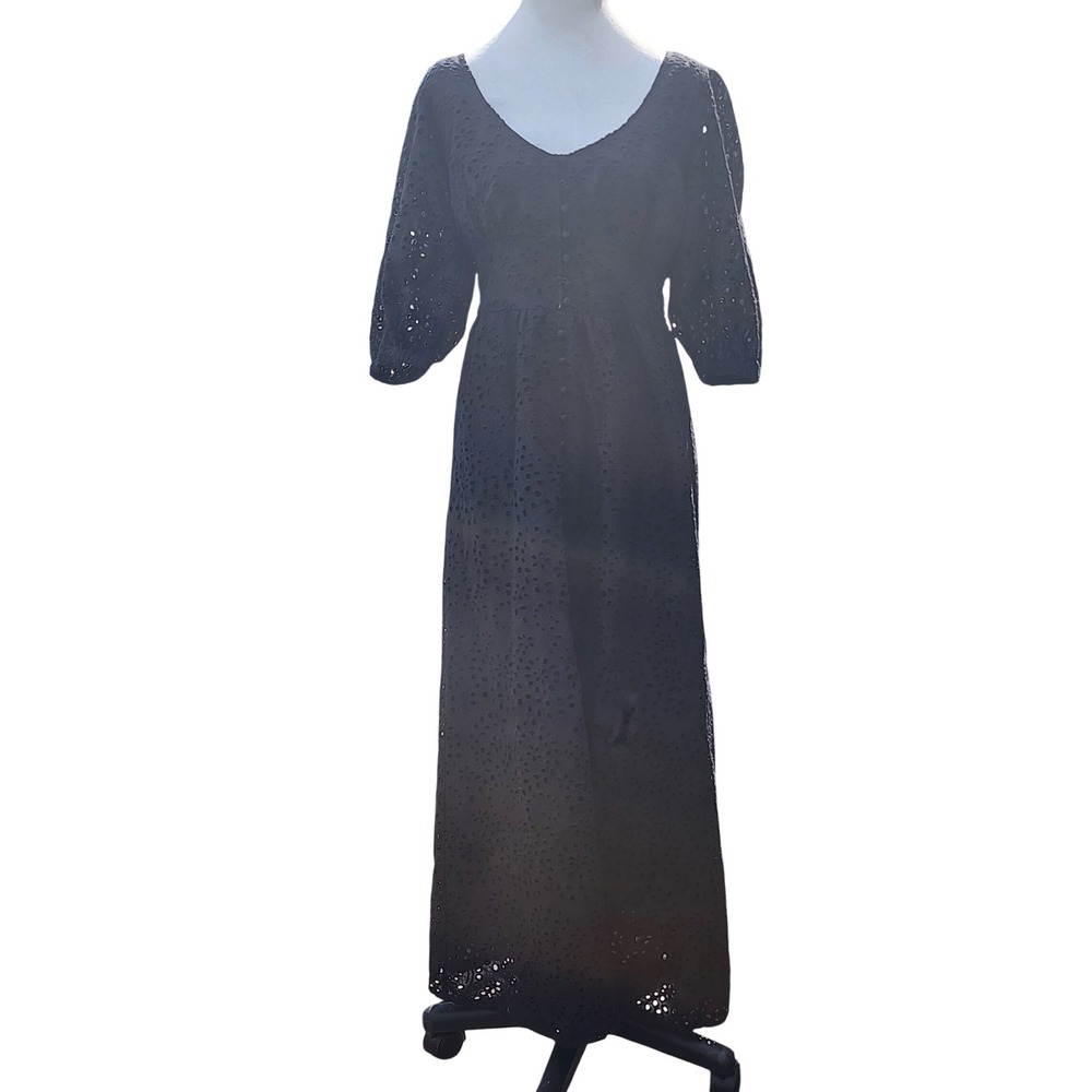 Boston Proper Black Cotton Eyelet Maxi Dress V-Neck Button Front Size 6 Boho